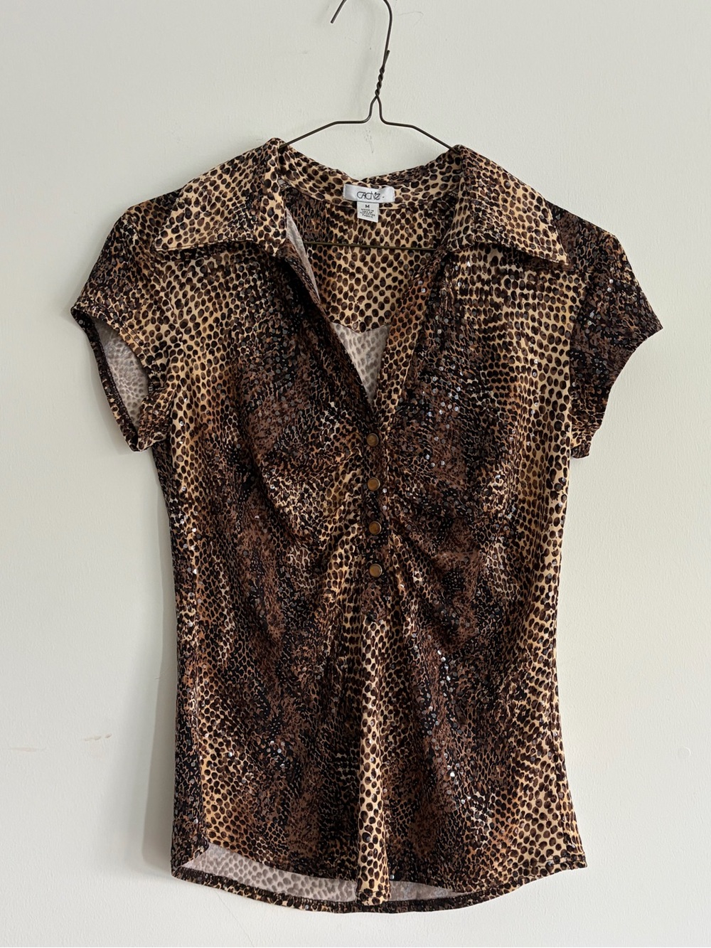 Cache Brown Animal Print Ruched Collar Top